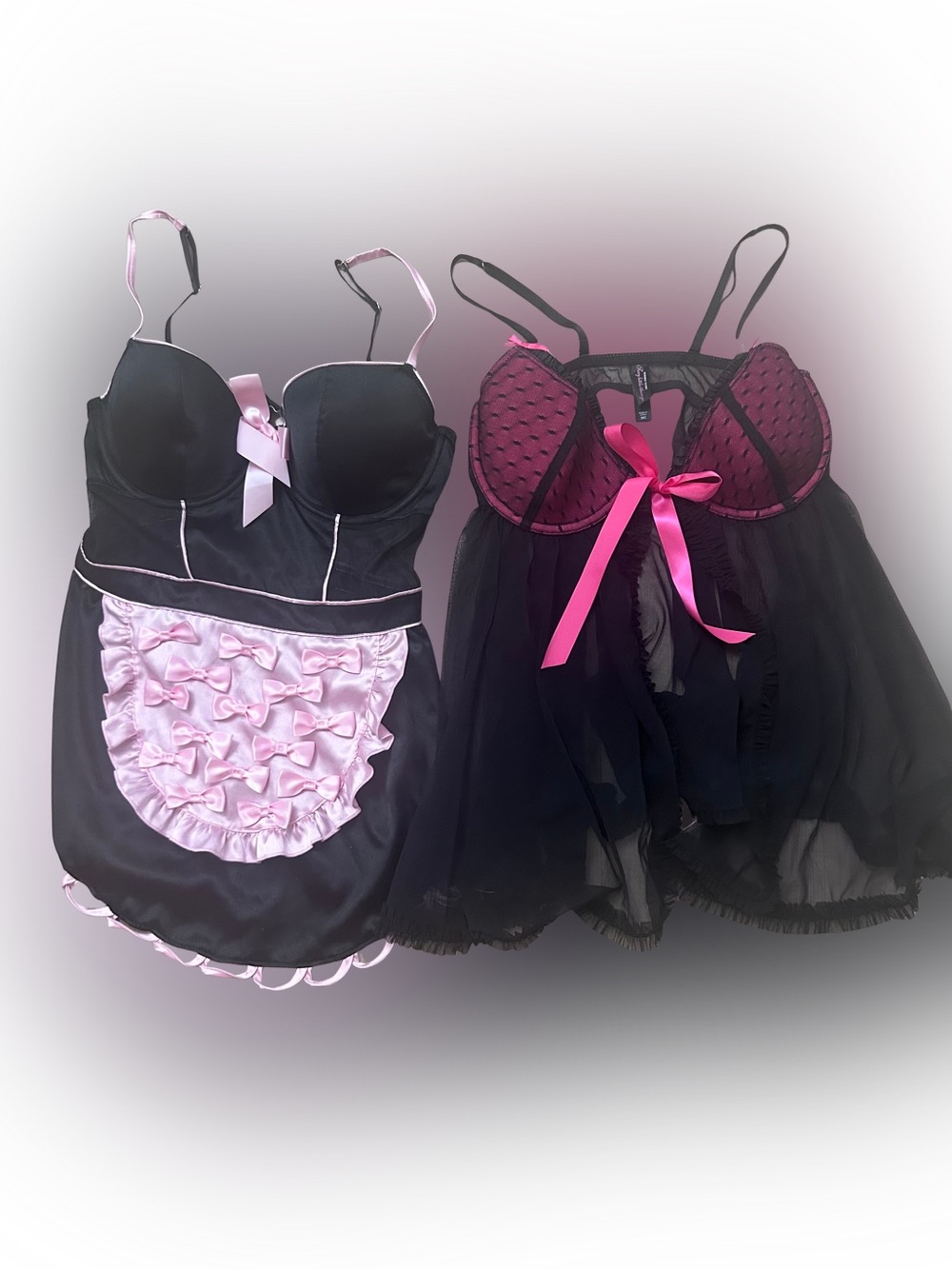 Victoria's Secret Black Pink Sexy Maid Lingerie Lace Babydoll Chemise 2 Set 36C